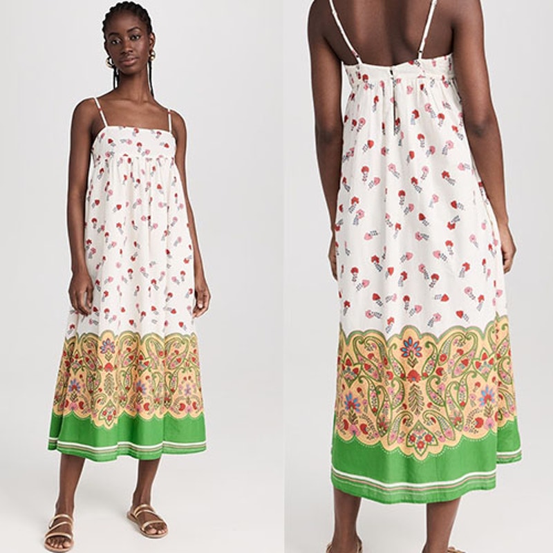 Nwt Banjanan Kaylee Floral Lightweight Keyhole Smocked White & Green Midi Dress